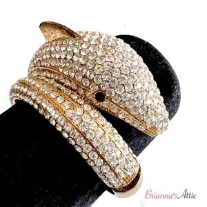 crystal embedded dolphin ring bracelet, cuff lock, gold color